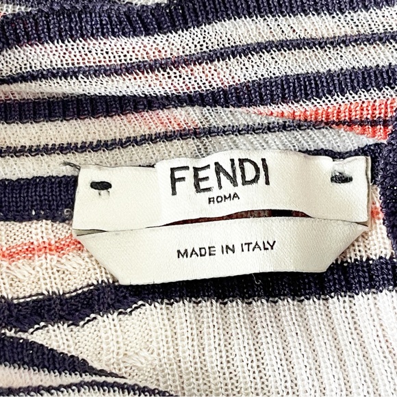 Authentic FENDI Tan Striped Cold Shoulder Mock Neck Sweater Top Size US 8 - Picture 10 of 14